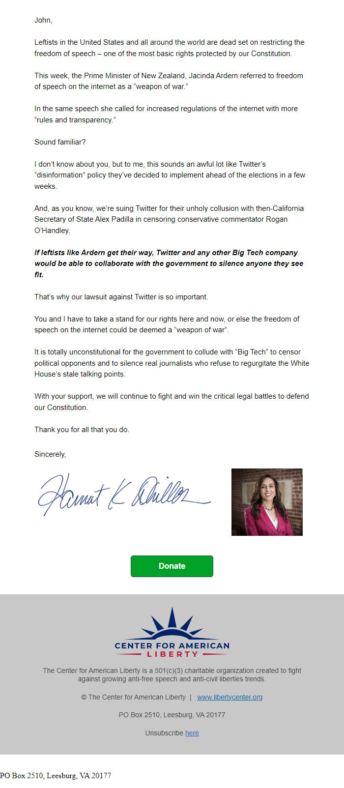 Screenshot of the email generated on import