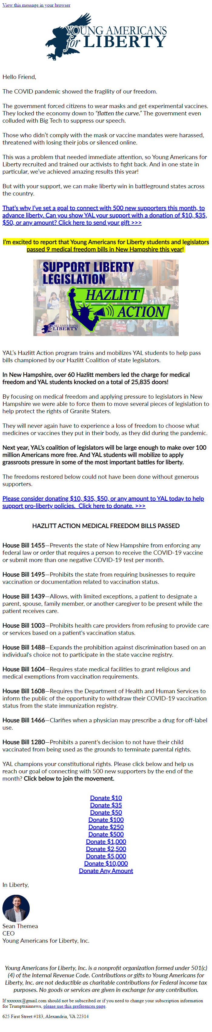 Screenshot of the email generated on import