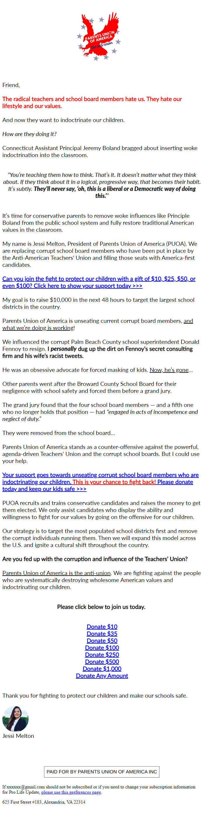 Screenshot of the email generated on import