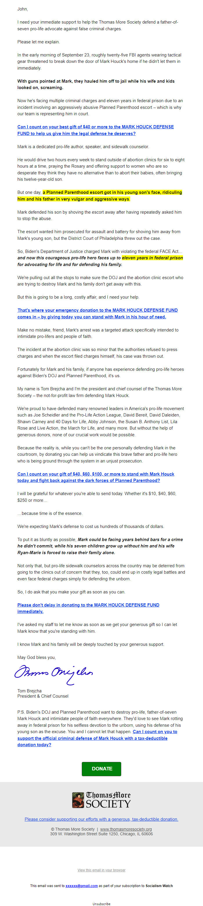 Screenshot of the email generated on import