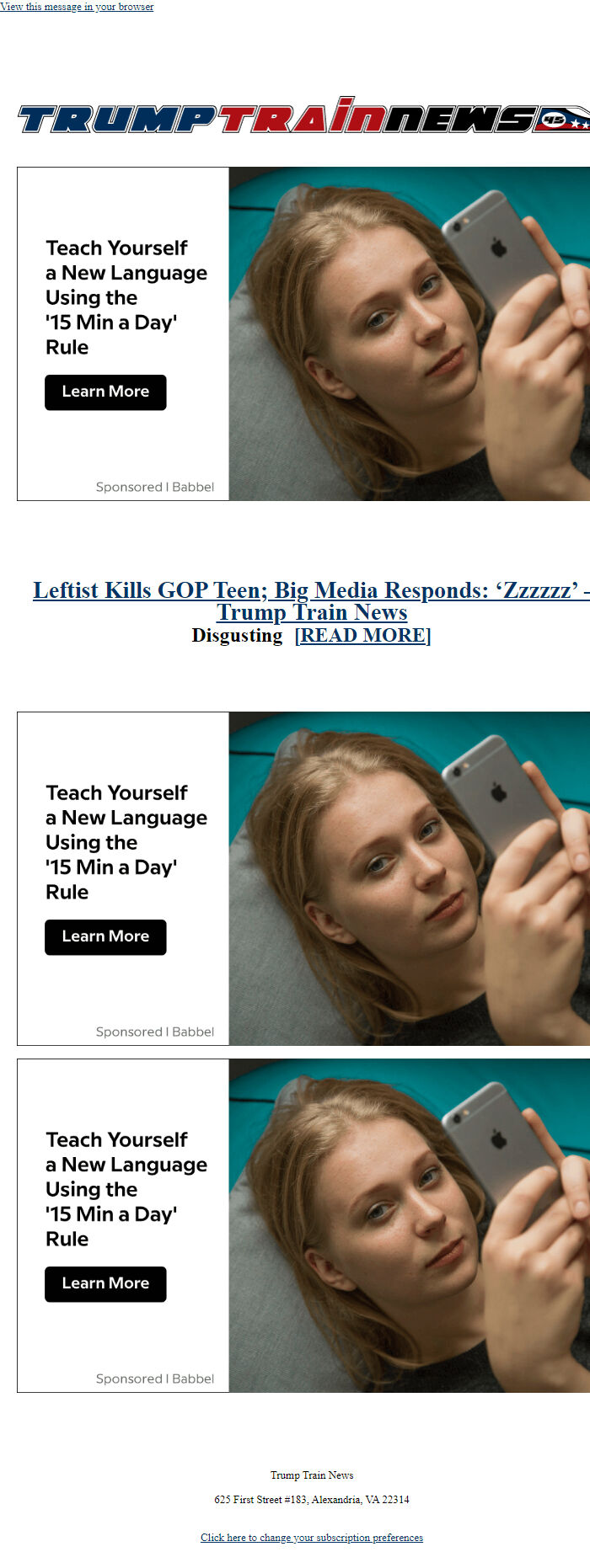 Screenshot of the email generated on import