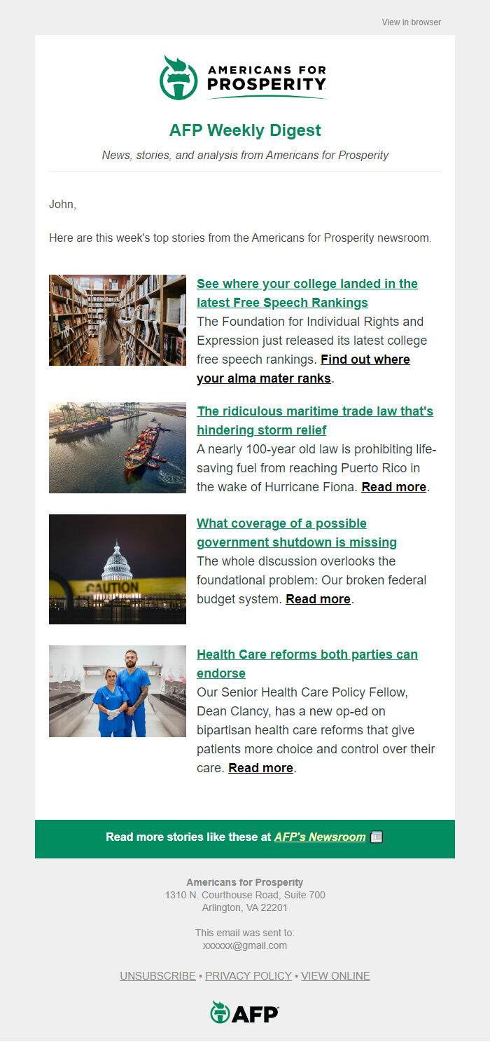 Screenshot of the email generated on import