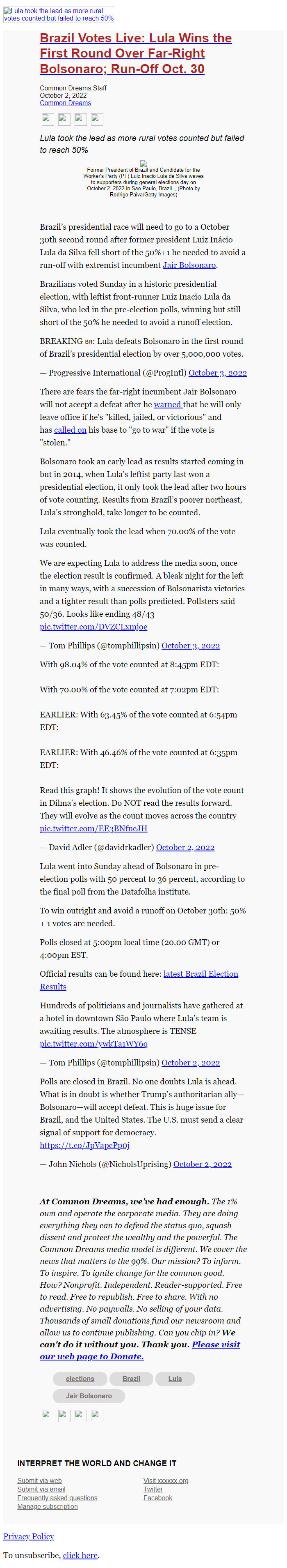 Screenshot of the email generated on import