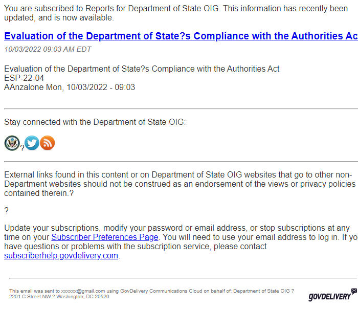 Screenshot of the email generated on import