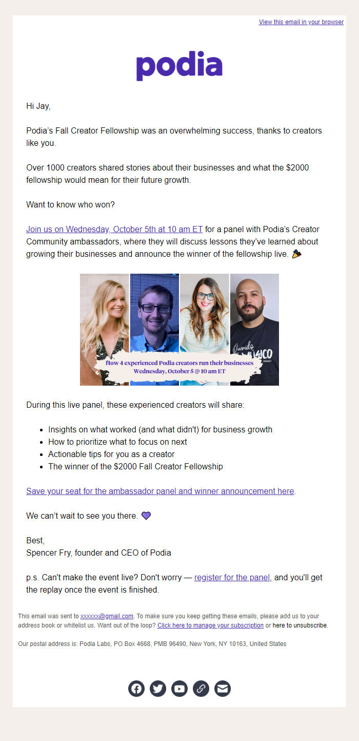 Screenshot of the email generated on import