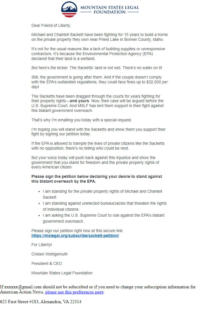 Screenshot of the email generated on import