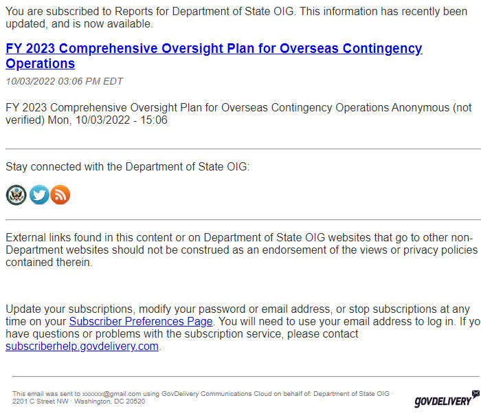 Screenshot of the email generated on import