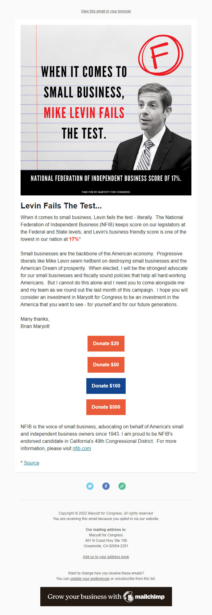 Screenshot of the email generated on import