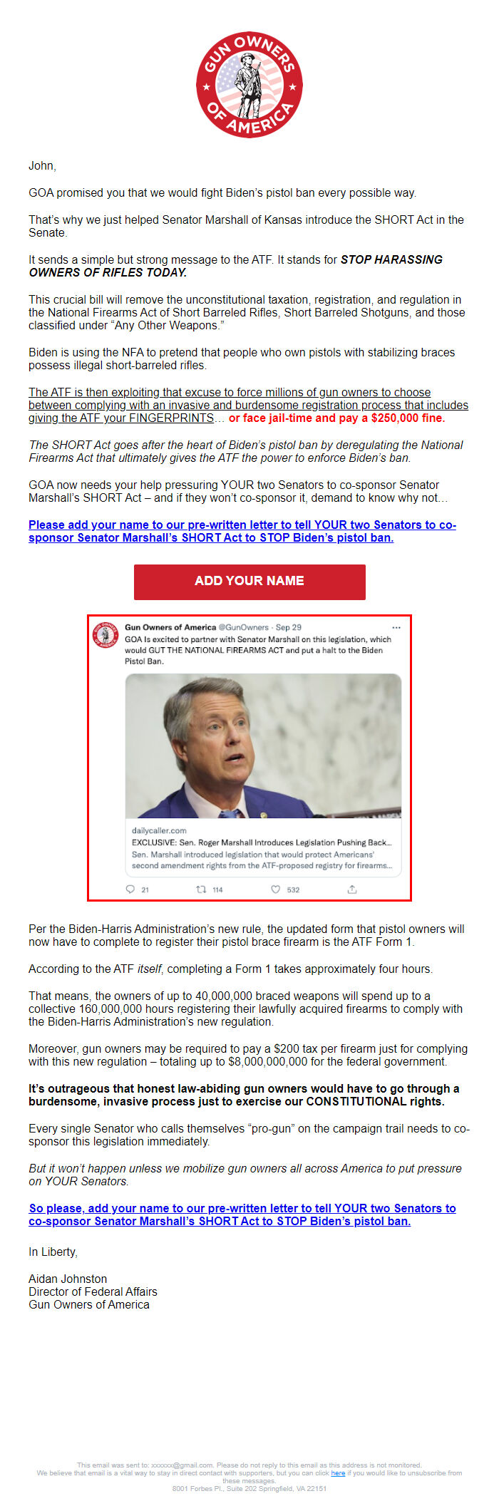 Screenshot of the email generated on import