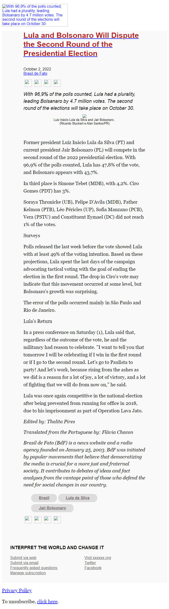 Screenshot of the email generated on import