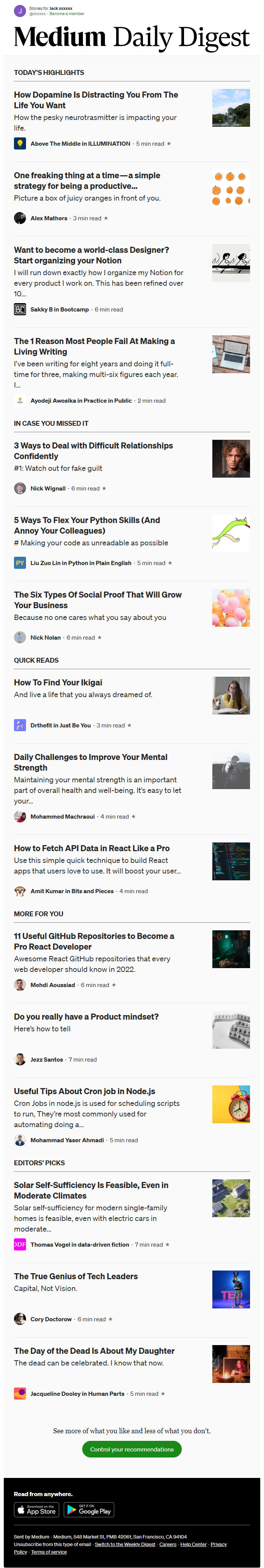 Screenshot of the email generated on import