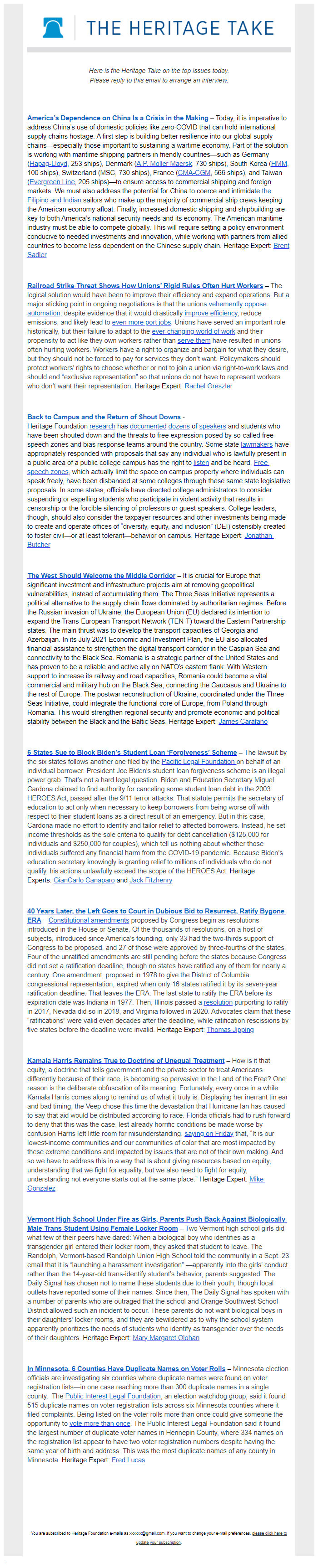 Screenshot of the email generated on import