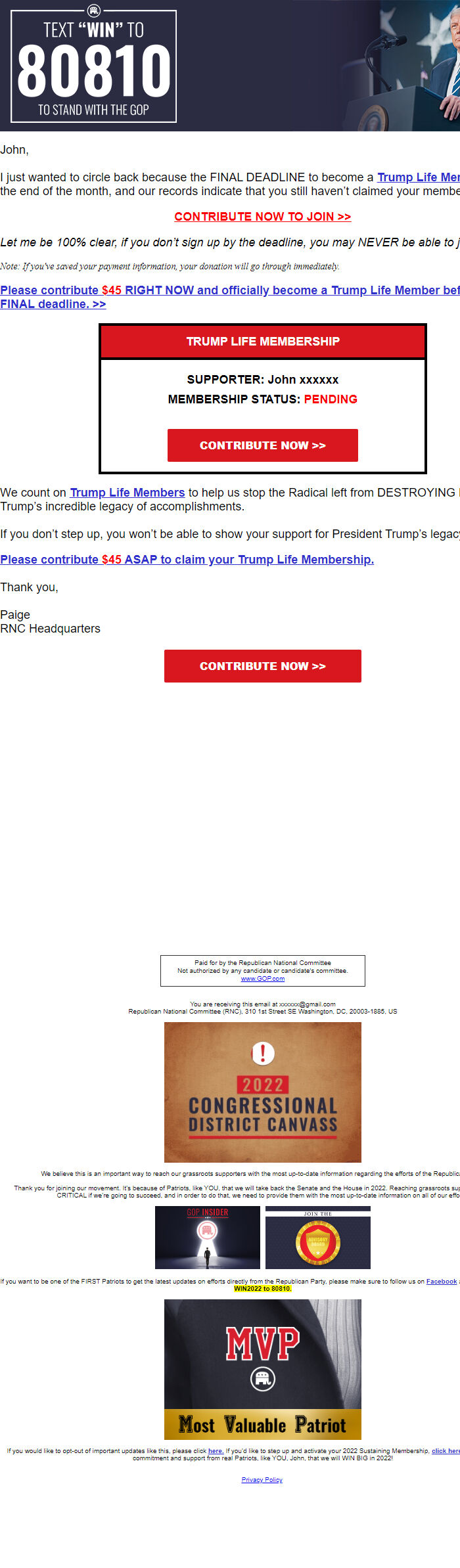 Screenshot of the email generated on import