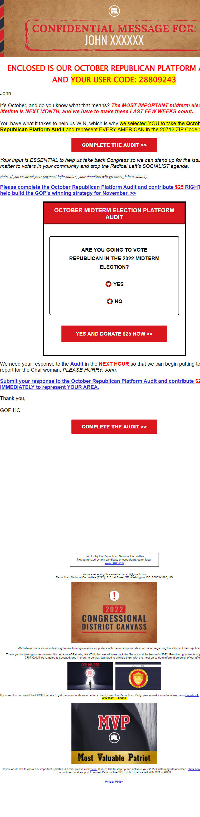 Screenshot of the email generated on import