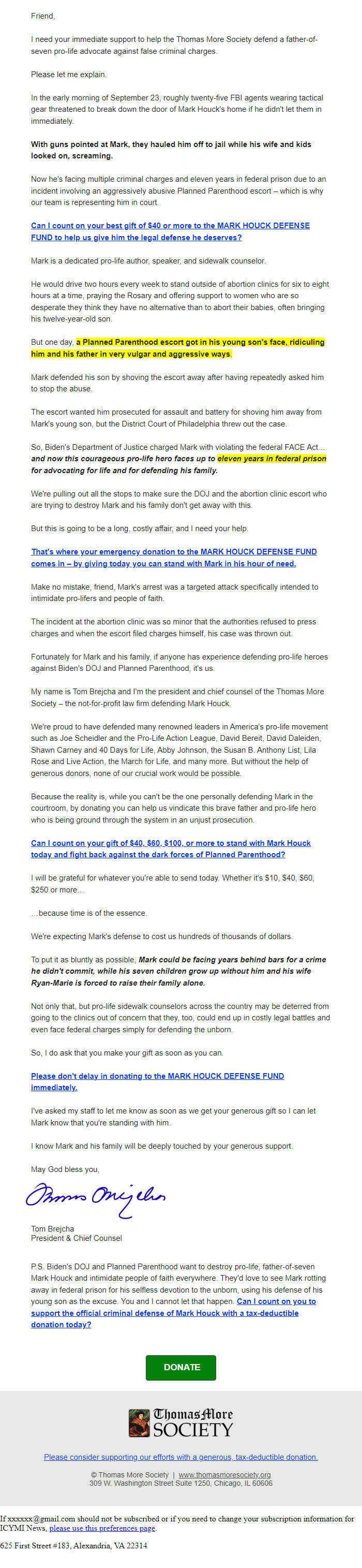 Screenshot of the email generated on import