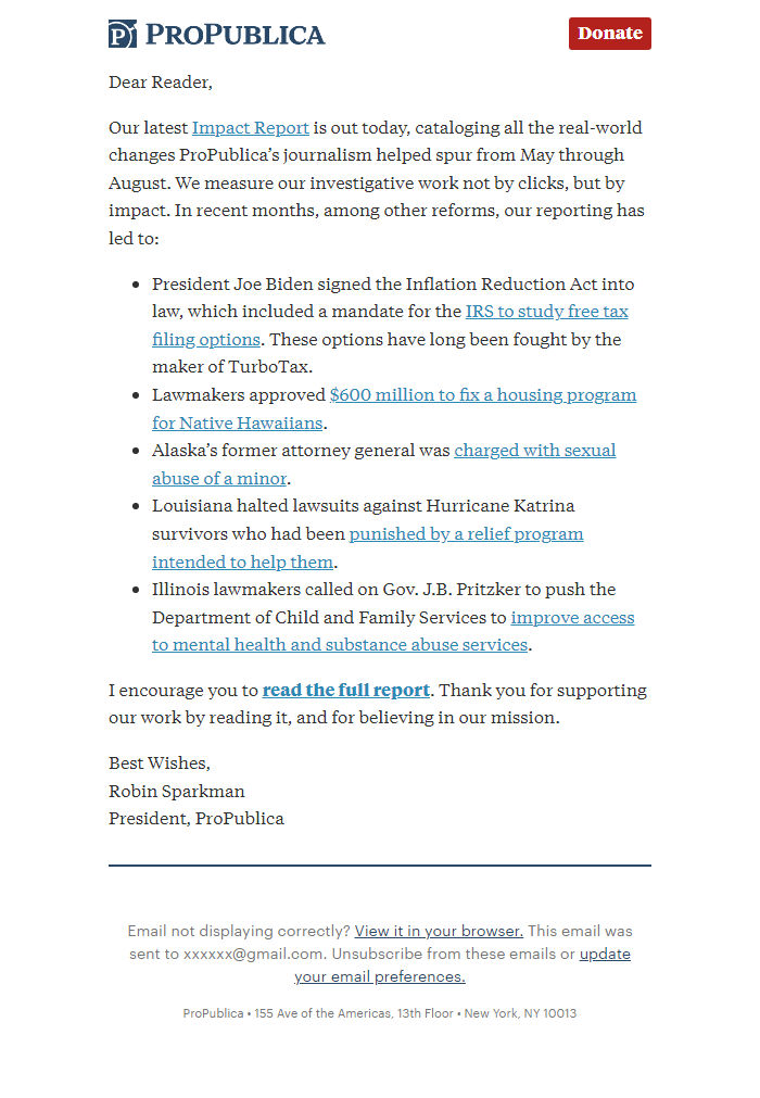 Screenshot of the email generated on import