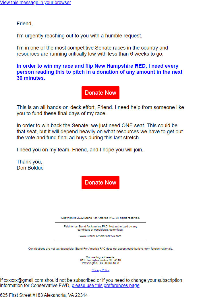 Screenshot of the email generated on import