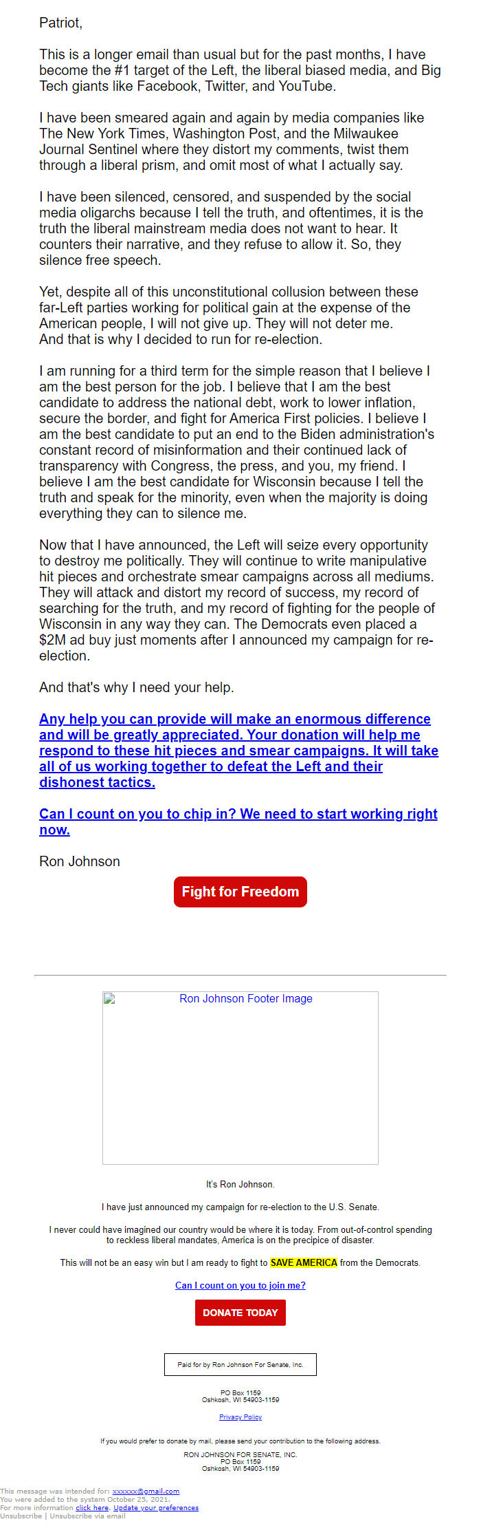 Screenshot of the email generated on import