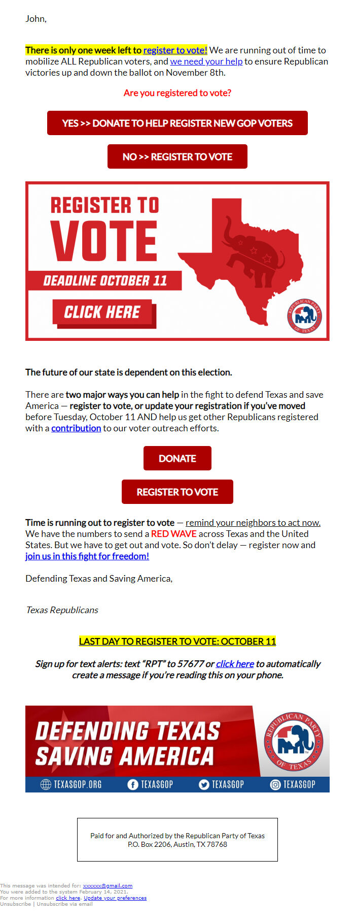 Screenshot of the email generated on import