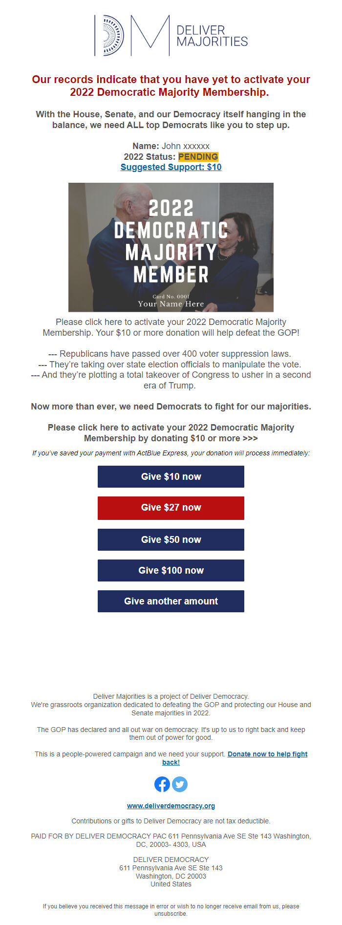 Screenshot of the email generated on import