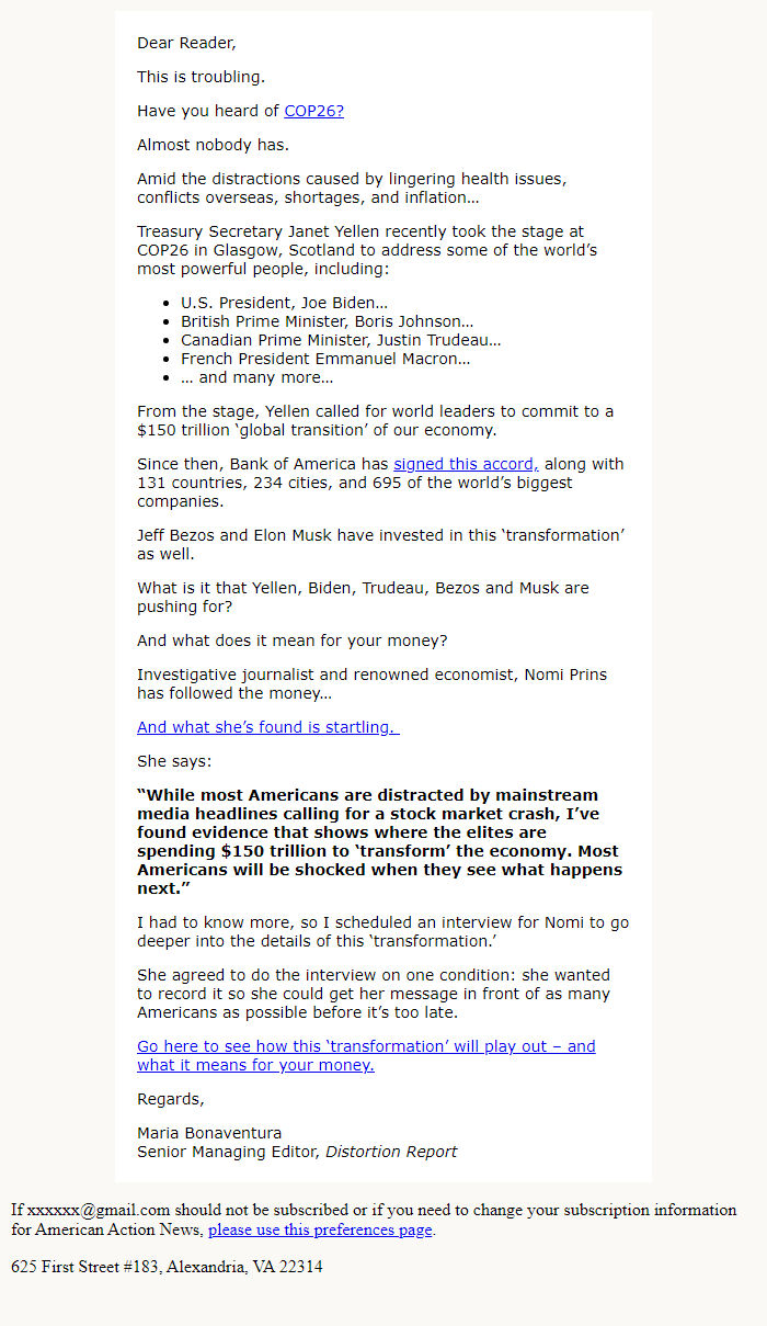 Screenshot of the email generated on import