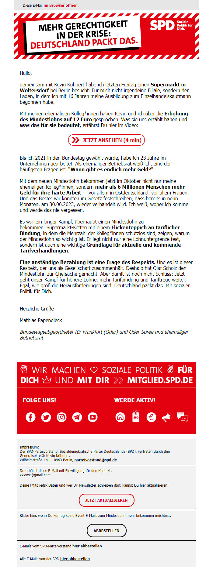 Screenshot of the email generated on import