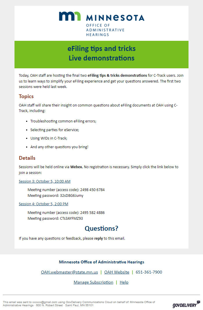 Screenshot of the email generated on import