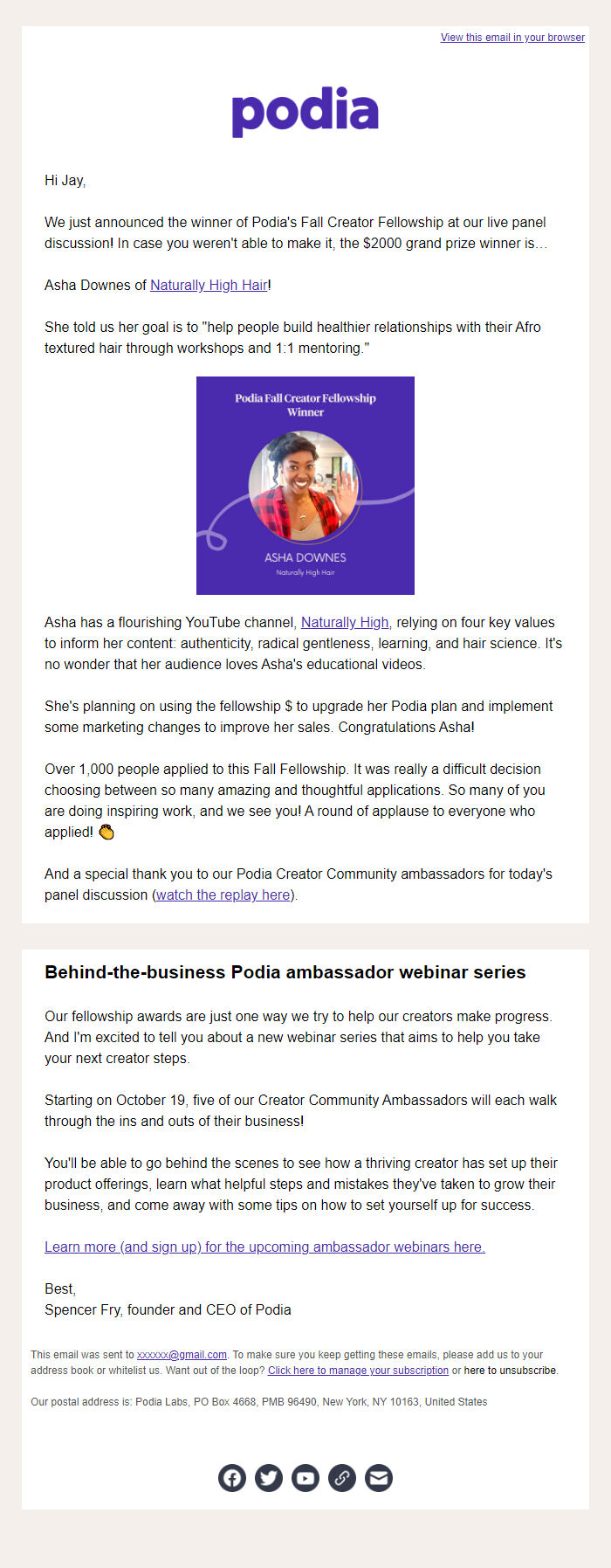 Screenshot of the email generated on import