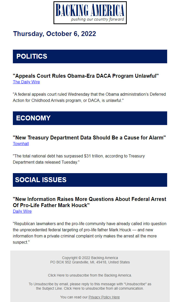 Screenshot of the email generated on import