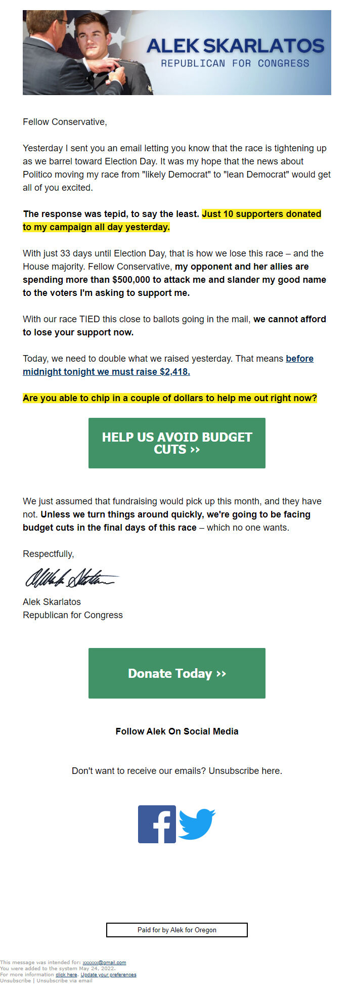 Screenshot of the email generated on import