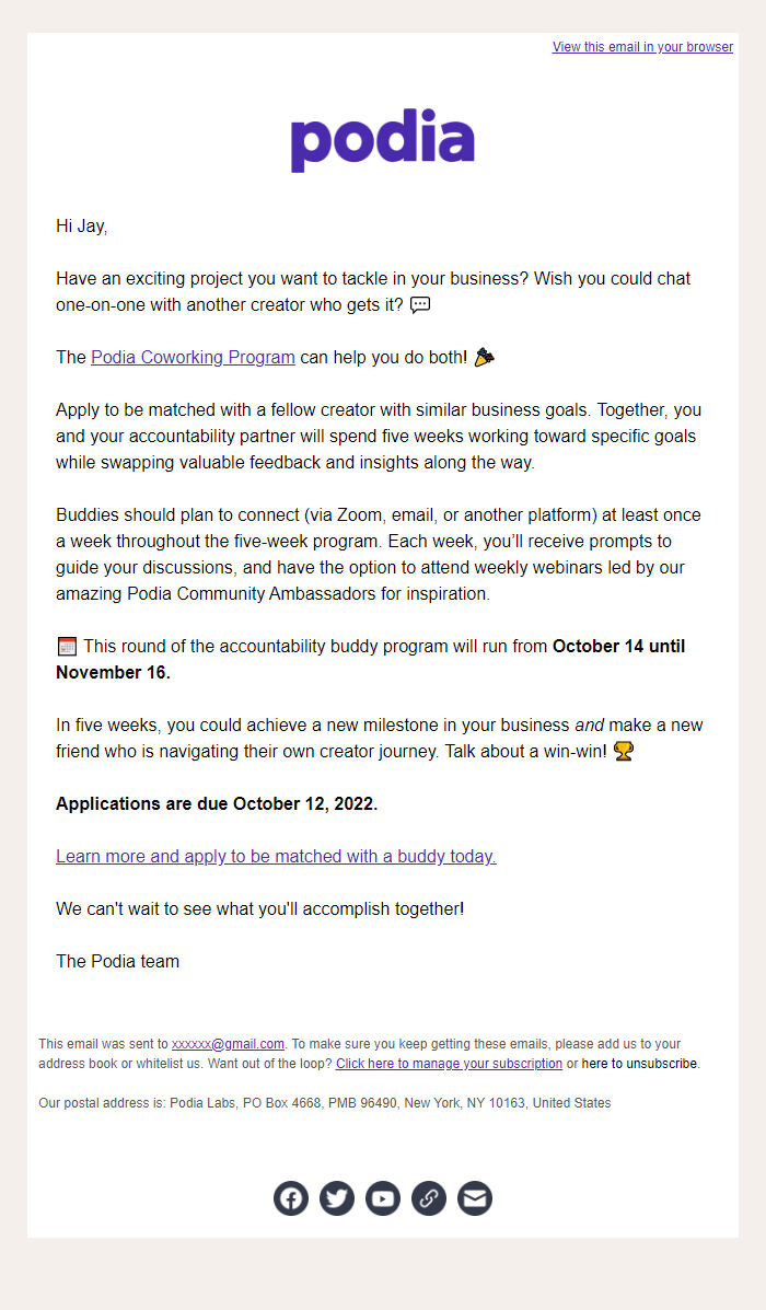 Screenshot of the email generated on import