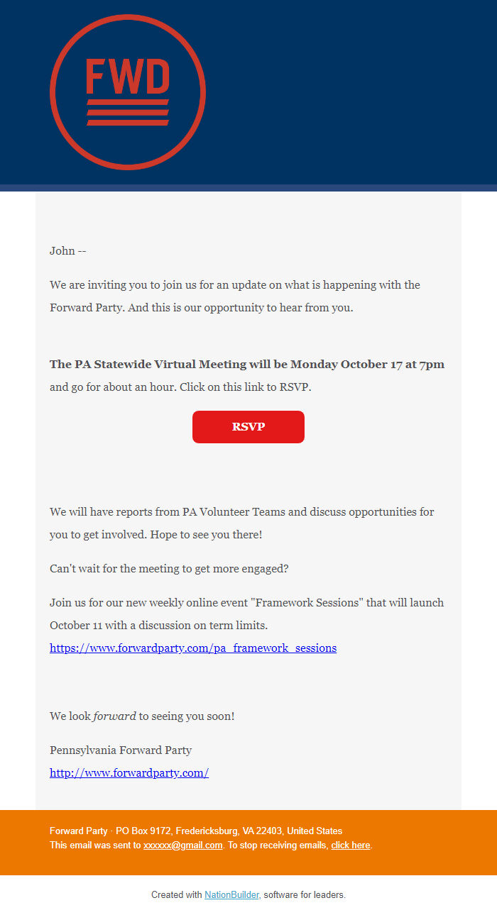 Screenshot of the email generated on import