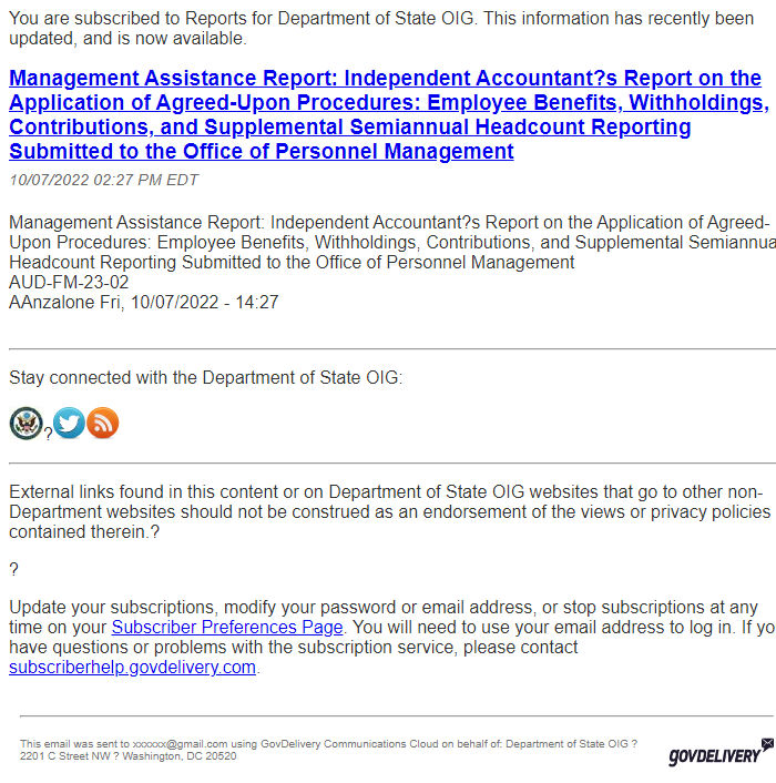 Screenshot of the email generated on import