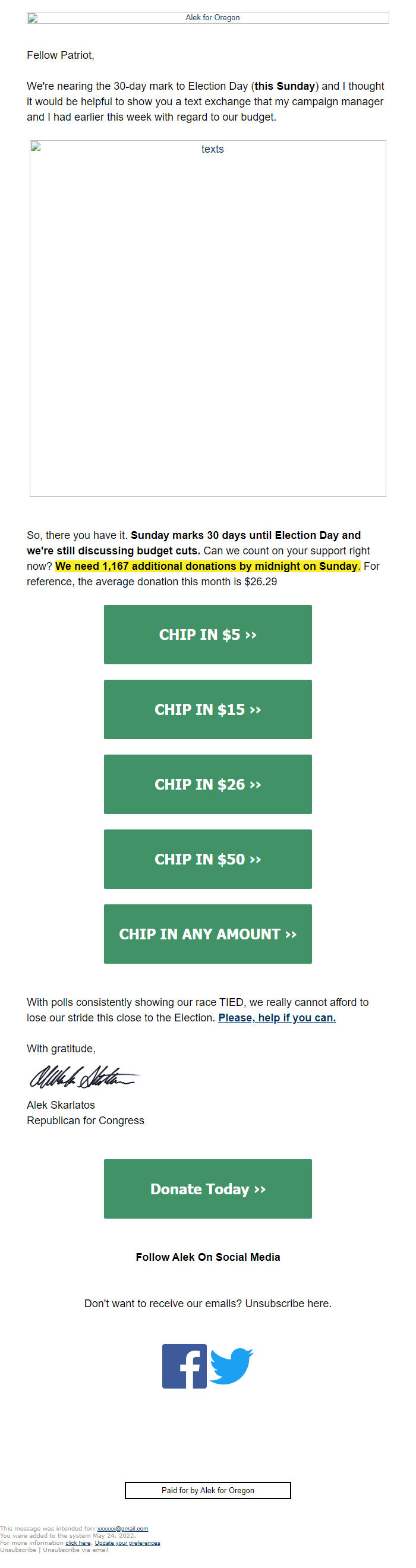 Screenshot of the email generated on import