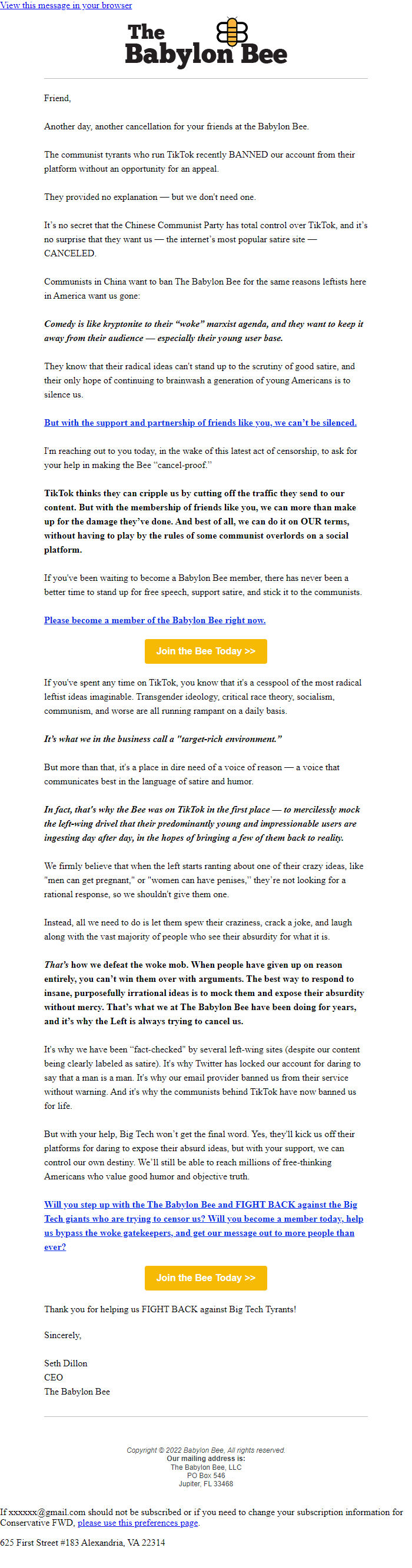 Screenshot of the email generated on import