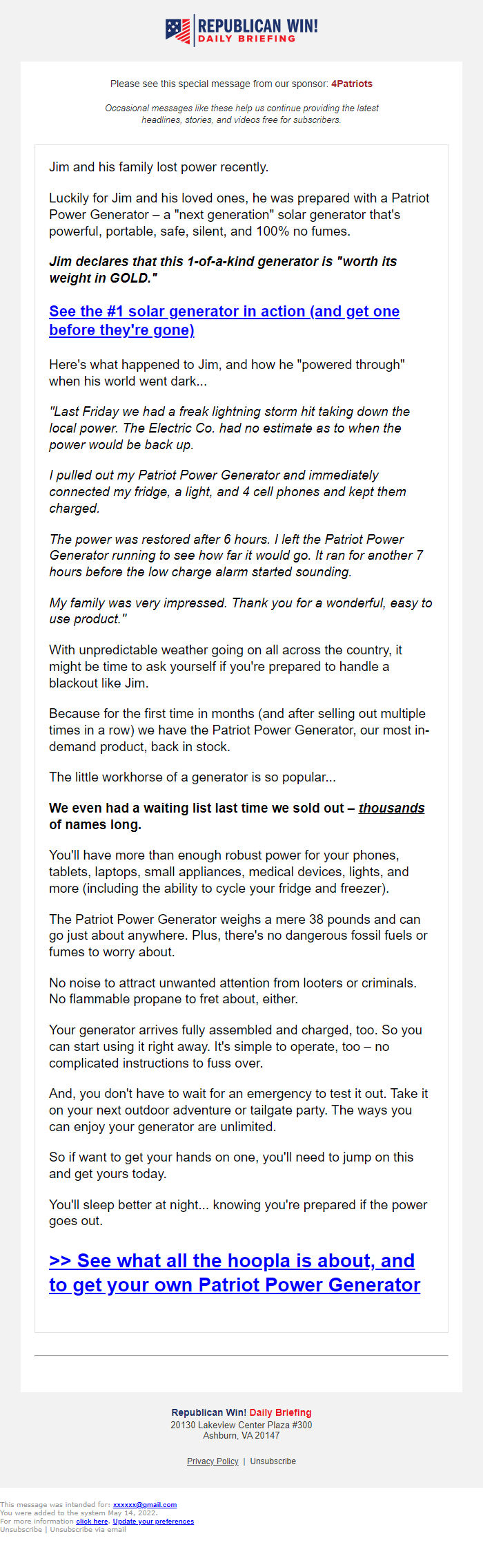 Screenshot of the email generated on import