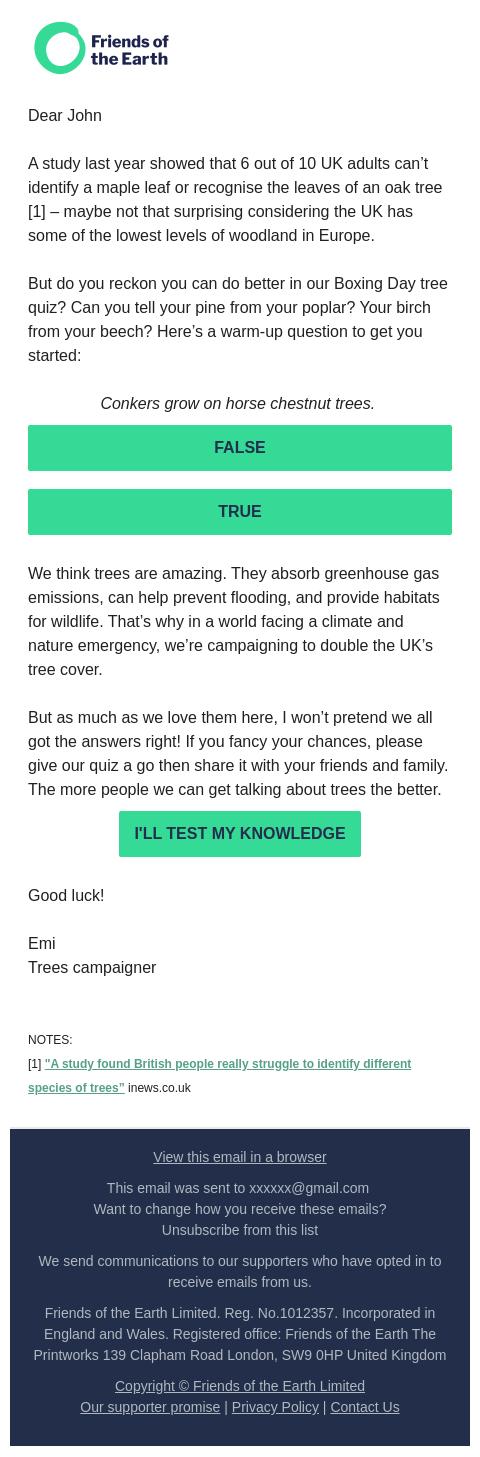 Screenshot of the email generated on import
