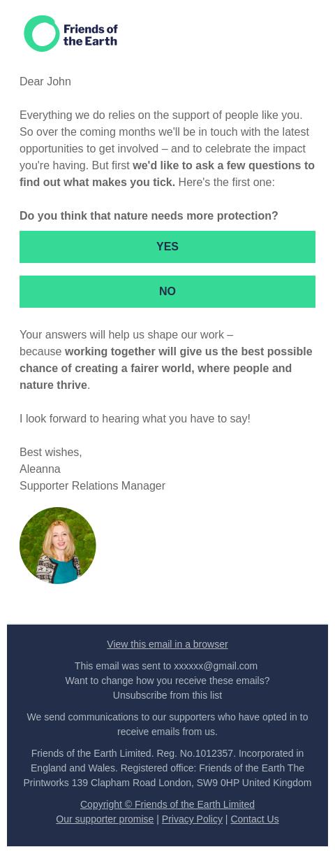 Screenshot of the email generated on import