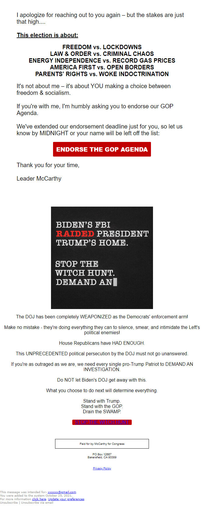 Screenshot of the email generated on import