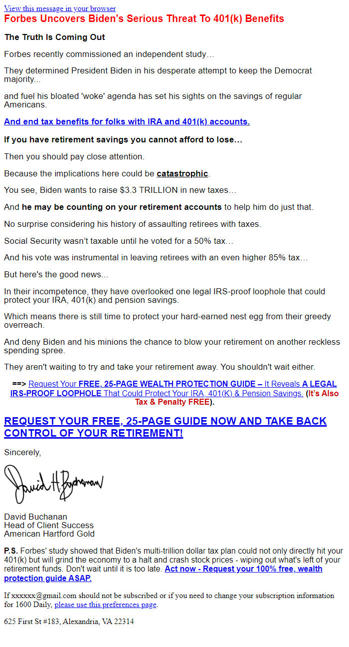 Screenshot of the email generated on import