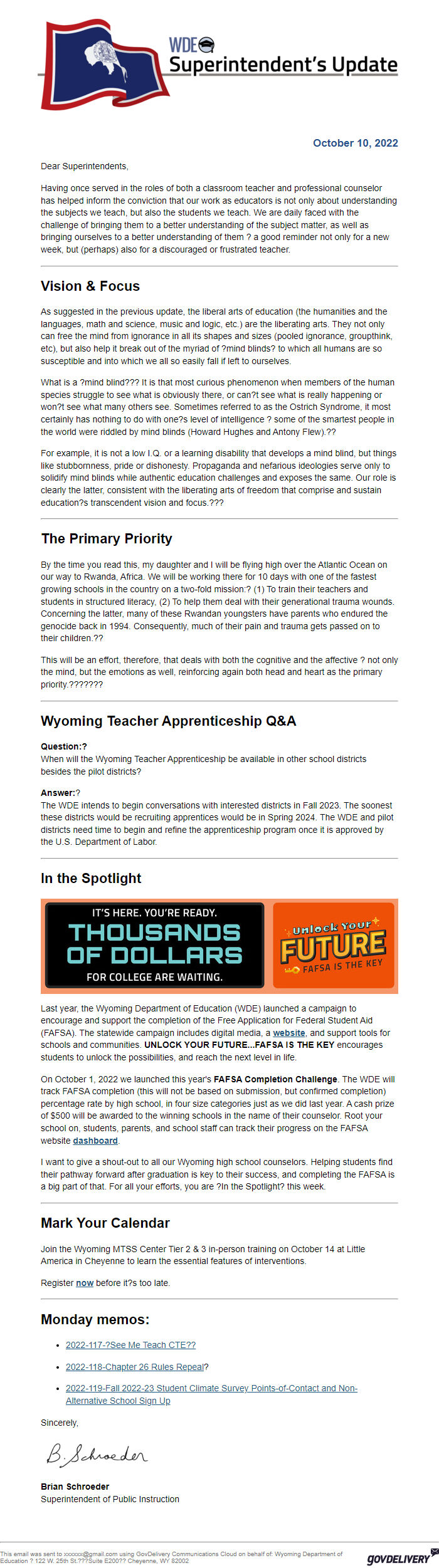 Screenshot of the email generated on import