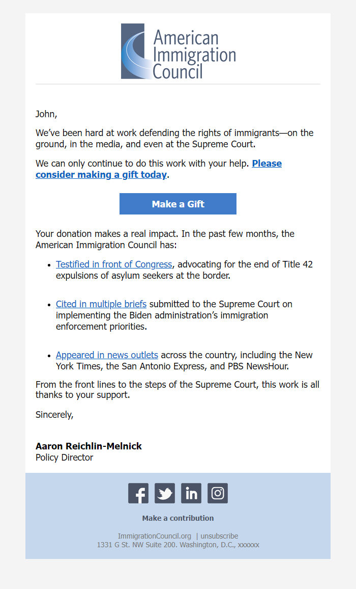 Screenshot of the email generated on import