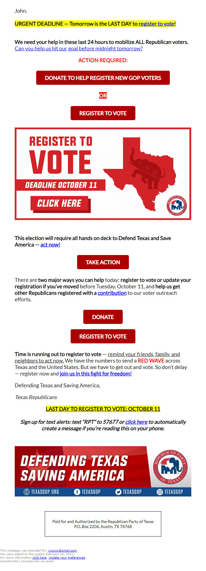 Screenshot of the email generated on import