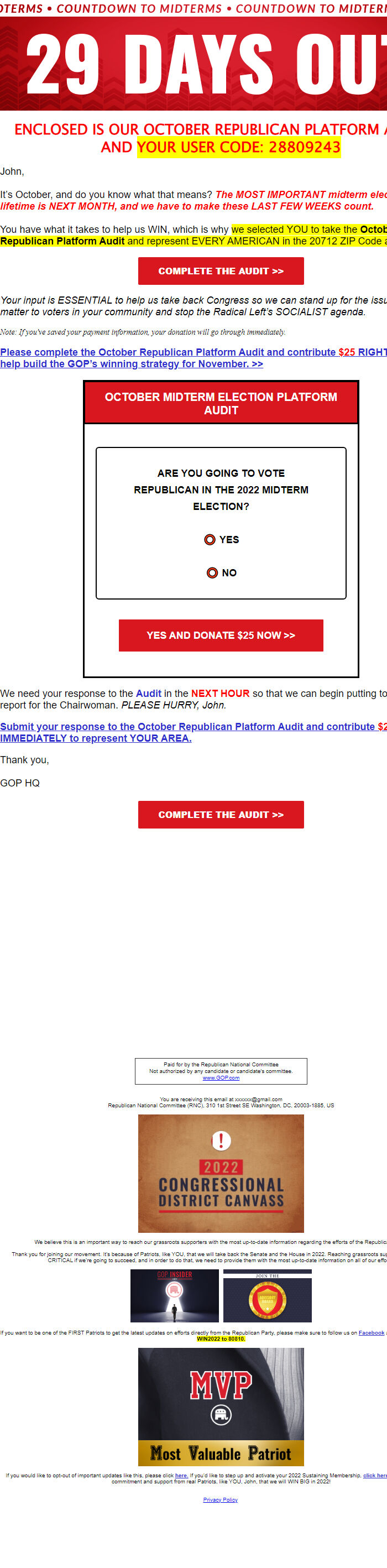 Screenshot of the email generated on import