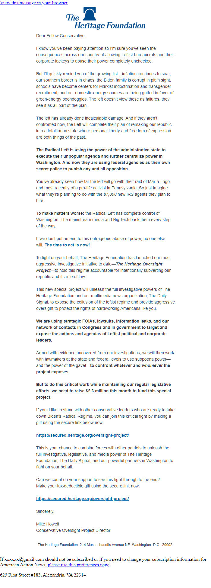 Screenshot of the email generated on import