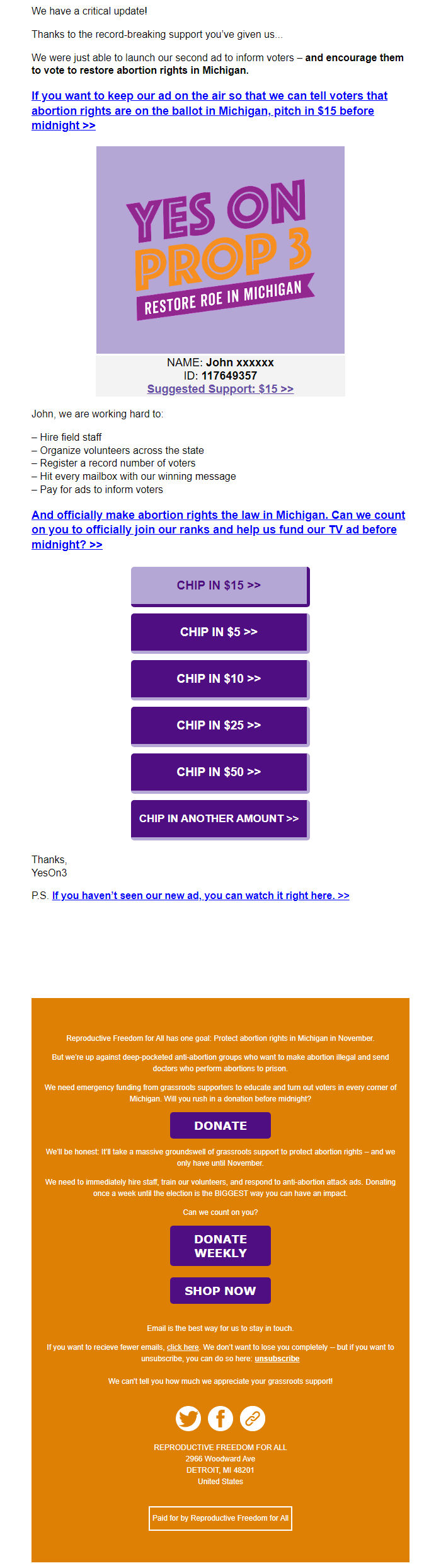 Screenshot of the email generated on import