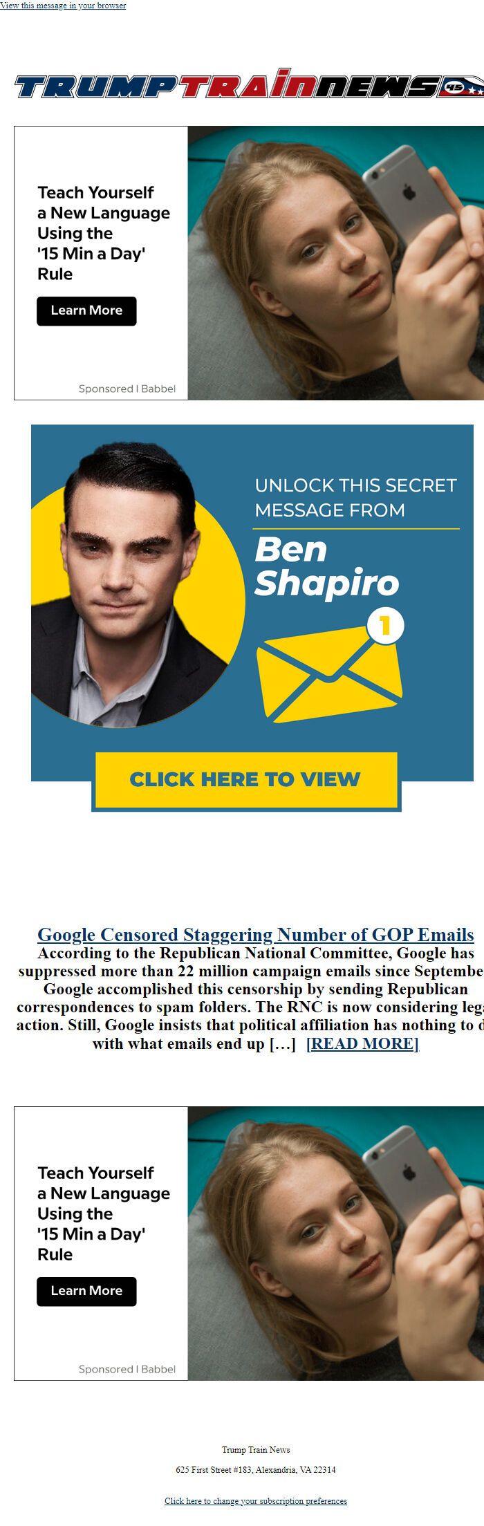 Screenshot of the email generated on import