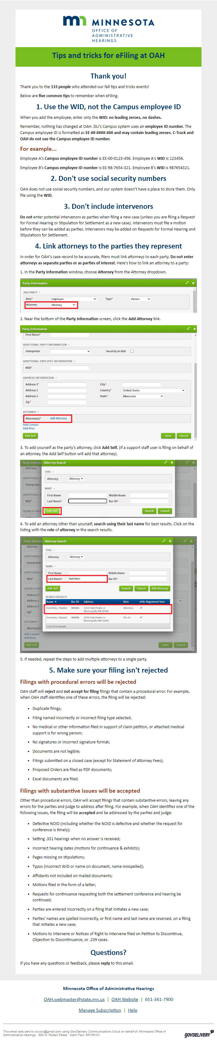 Screenshot of the email generated on import