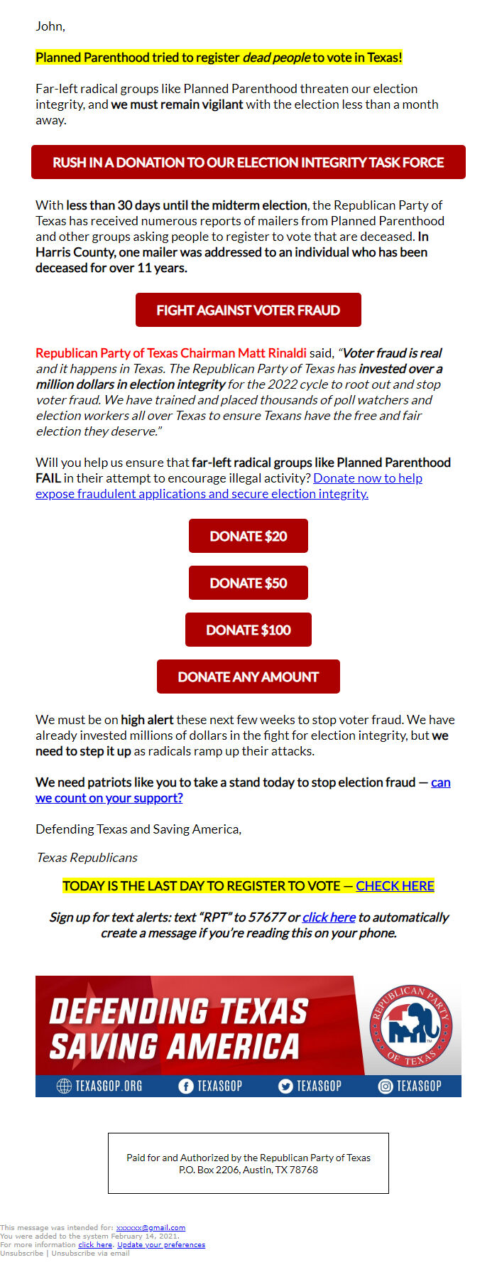 Screenshot of the email generated on import