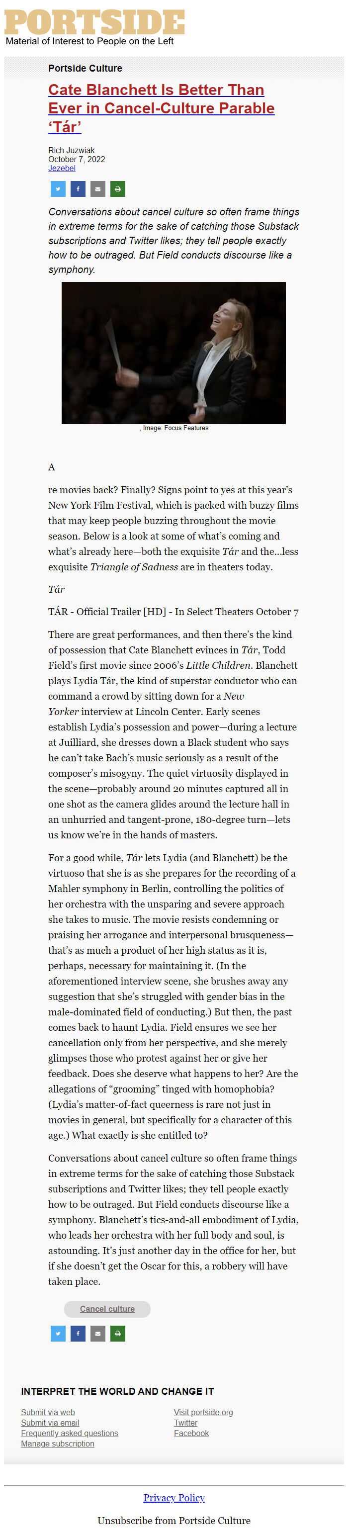 Screenshot of the email generated on import